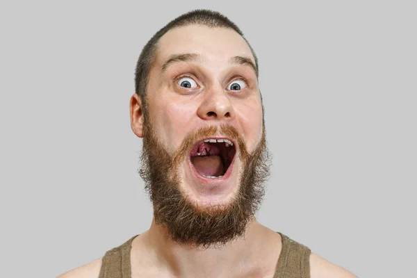 Face portrait of smiling happy bearded unshaven guy on white isolated background — Stock Photo, Image