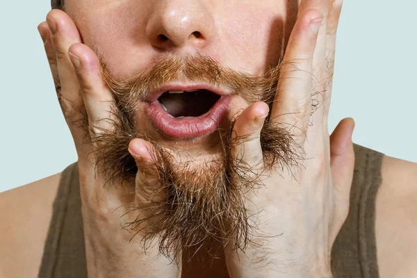 Portré egy meglepett szakállas fickóról nyitott szájjal, fésülje meg a szakállát a kezével és az ujjaival a stúdióban. — Stock Fotó