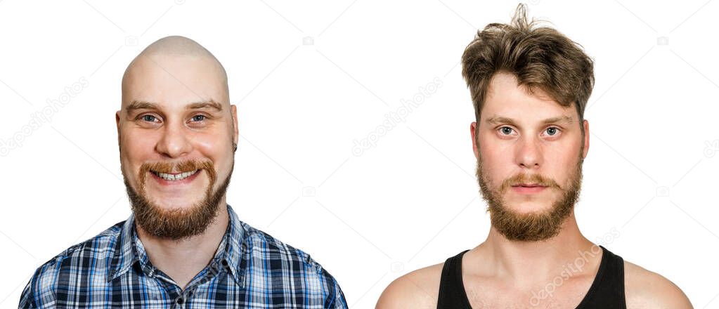 Change one guy before after: bald, cut in half, overgrown with long hair on an isolated white background