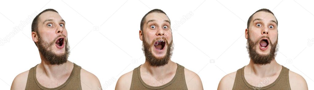 Bald unshaven guy with a beard depicts different emotions: happiness, joy, surprise on an isolated white background