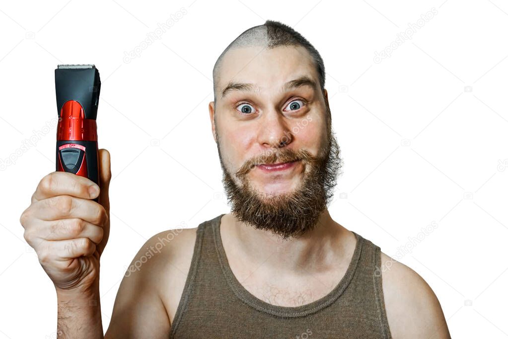 Man before and after hair loss, transplant hold a clipper on isolated background