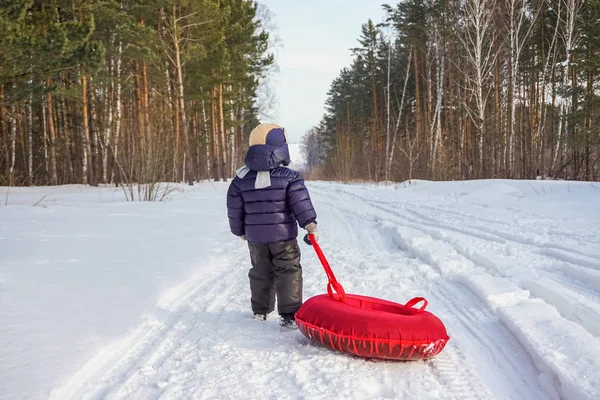 Happy joyful beautiful child boy rides from the mountain on a red tubing in winter — Stock Photo, Image