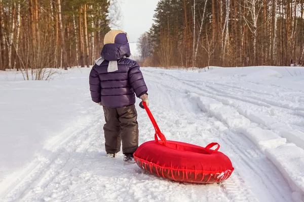 Happy joyful beautiful child boy rides from the mountain on a red tubing in winter — Stock Photo, Image