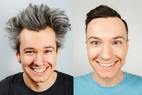 Homens jovens: antes depois do corte de cabelo com o cabelo longo, cortou o tipo bem tratado com um corte de cabelo elegante. Conceito foto real — Fotografia de Stock