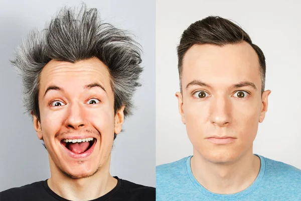 Jeunes hommes : avant après la coupe de cheveux avec les cheveux longs, garni gars bien soigné avec une coupe de cheveux élégant. Concept photo réelle — Photo