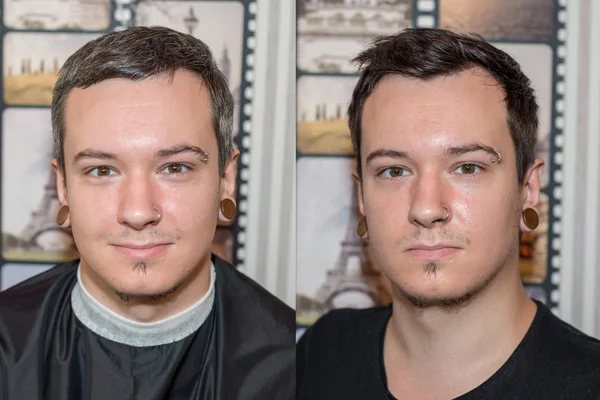 Dois caras antes na barbearia: um com cabelo grisalho, o outro tingido, ele tem cabelo preto. Conceito para salão de beleza — Fotografia de Stock
