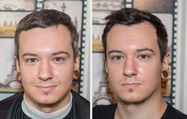 Dois caras antes na barbearia: um com cabelo grisalho, o outro tingido, ele tem cabelo preto. Conceito para salão de beleza — Fotografia de Stock