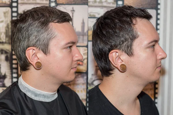 Dos chicos antes de después en la barbería: uno con el pelo gris, el otro teñido, tiene el pelo negro. Concepto para salón de belleza —  Fotos de Stock