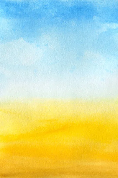 Le fond de l'aquarelle est bleu et jaune. Ciel avec nuages et sable doré — Photo