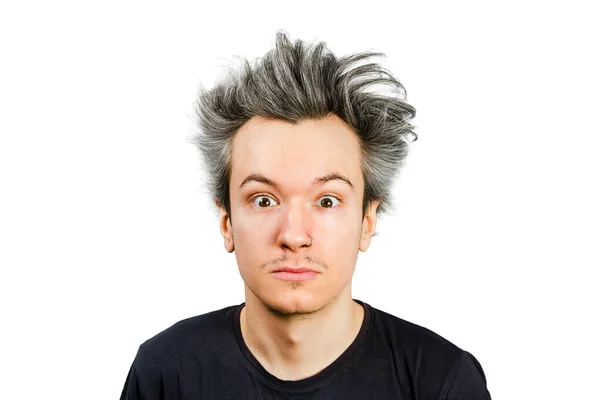 Shaggy guy with long grey hair looks in camera, on isolated white background. — Stock Photo, Image