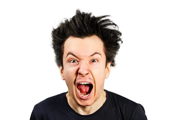 Sad anger young guy look in camera and cry with open mouth and scream, on white isolated background. — Stock Photo, Image