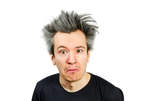 Shaggy guy with long grey hair surprised, looks in camera, on isolated white background — Stock Photo, Image