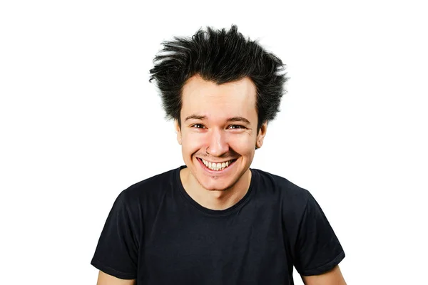 Shaggy loco joven freak con el pelo largo, sonriendo en blanco aislado fondo . —  Fotos de Stock