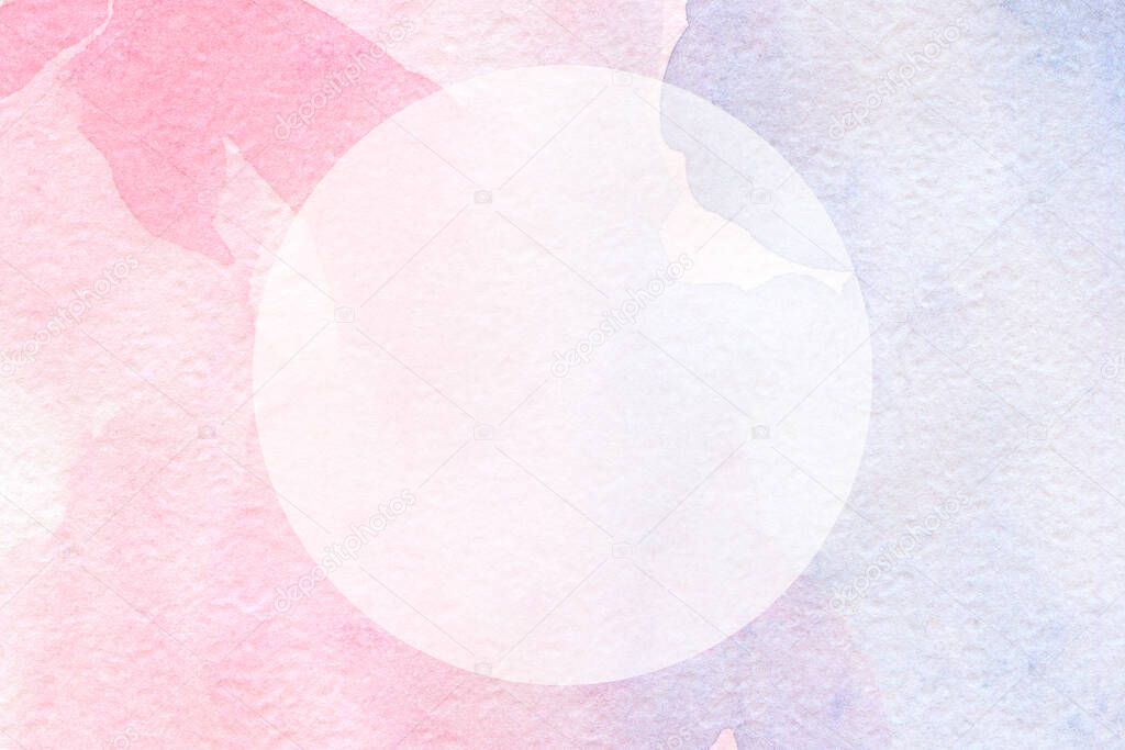 Pink splash watercolor hand drawn paper texture circle background business card with space for text or image.