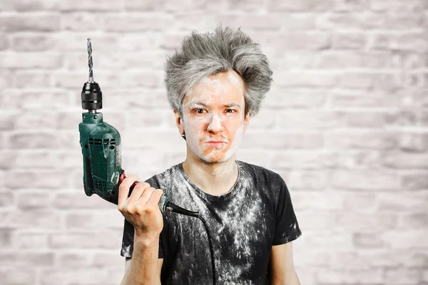 Dirty Young Builder Guy Plaster Hold Green Drill Perforator Home — Stock Photo, Image