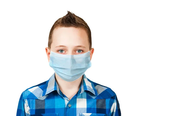 Unhappy Sad Young Boy Wearing Protective Face Mask Prevent Virus — Stock Photo, Image