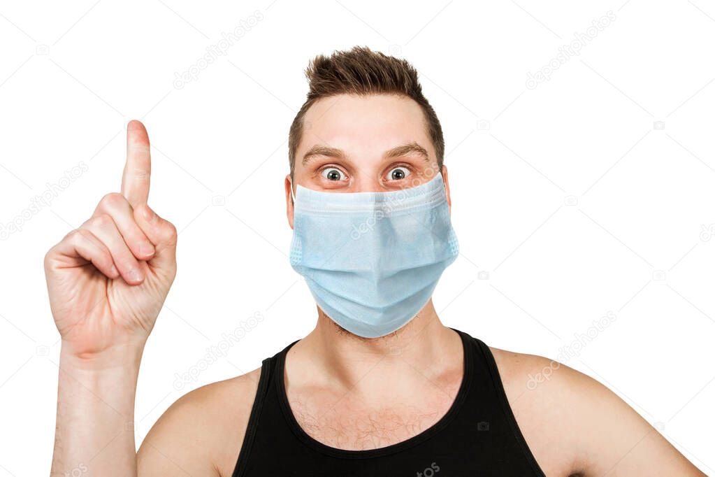 man wearing protective face mask prevent virus infection or pollution with an idea or question pointing finger on white isolated background