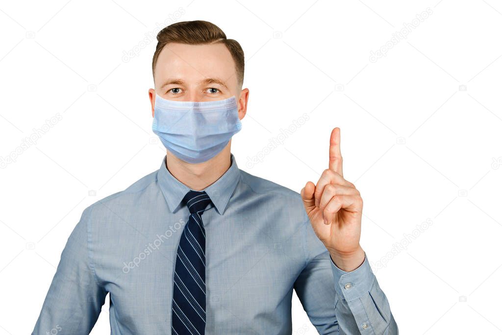man wearing protective face mask prevent virus infection, pollution with idea pointing finger, white isolated background.