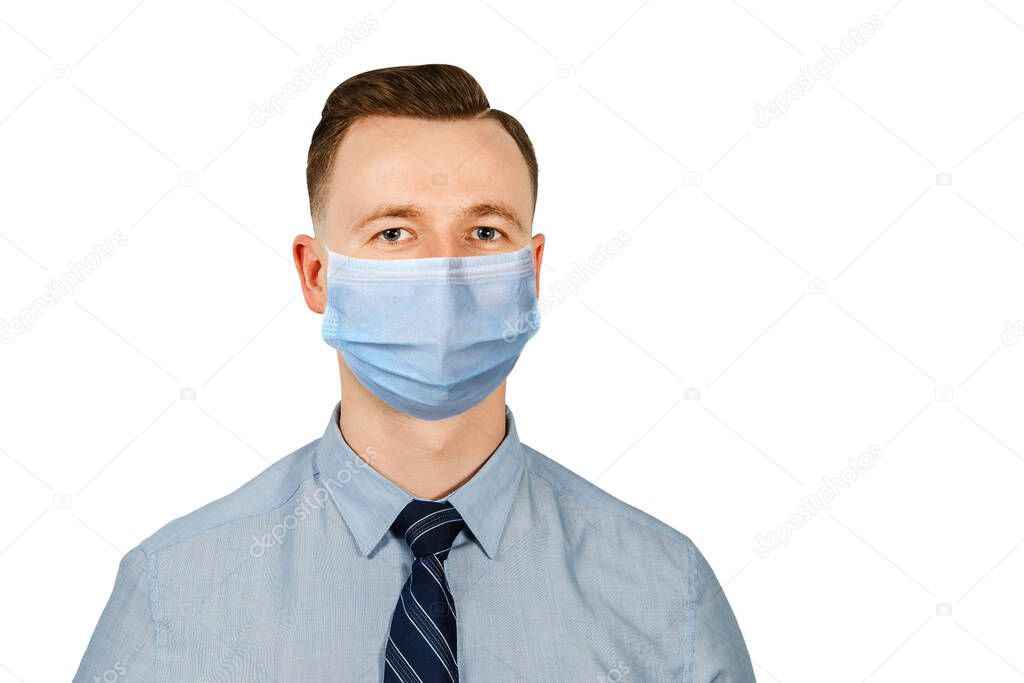 man in blue shirt and tie wearing a protective face mask prevent virus infection or pollution on white isolated background