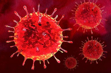 hand drawn watercolor virus illustration: coronavirus 2019-nCoV. Red stains with spiky processes on blood background.