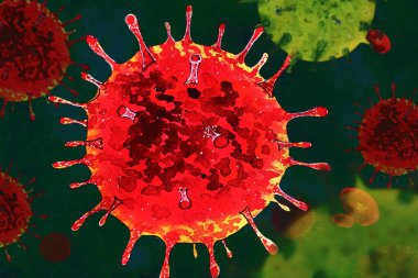 hand drawn watercolor virus illustration: coronavirus 2019-nCoV. Red stains with spiky processes on blood background.