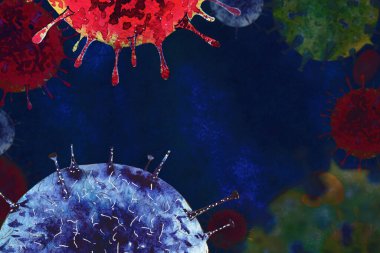 hand drawn watercolor virus illustration: coronavirus 2019-nCoV. different stains with copy space for text.