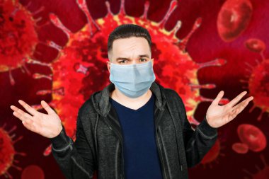 Koruyucu yüz maskesi takan adam virüs enfeksiyonunu önler, fikirle kirliliği önler, omuz silker.