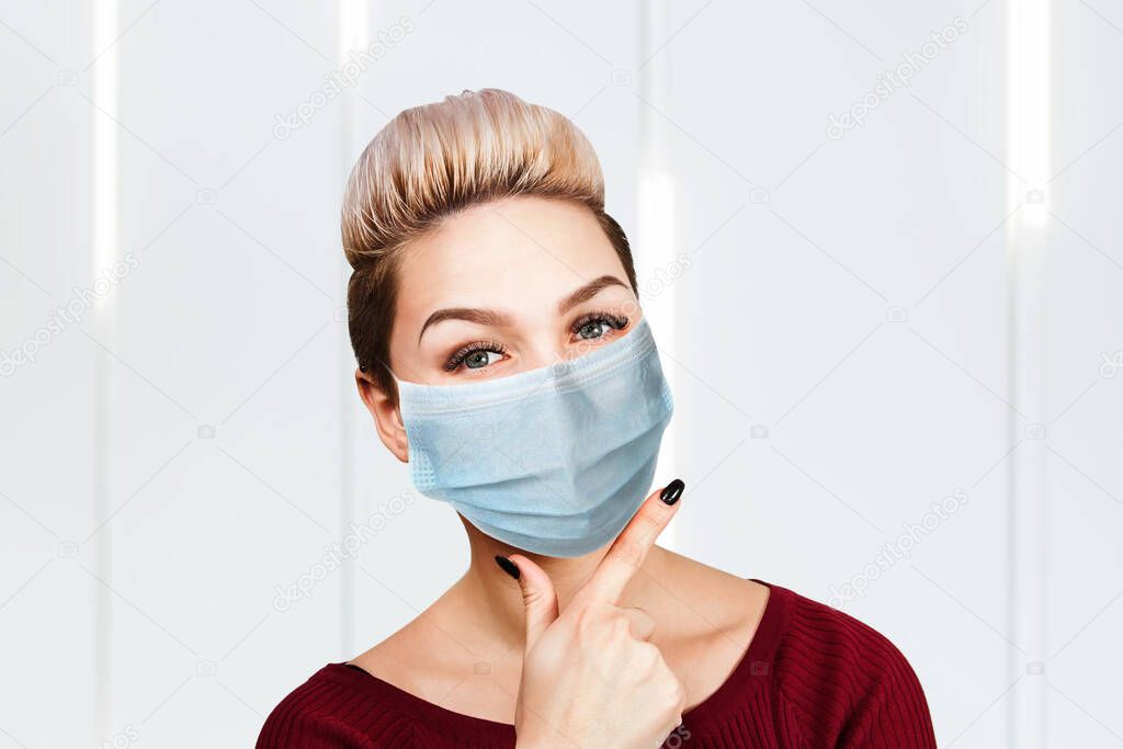 young woman thinking wearing protective face mask prevent virus infection, pollution.