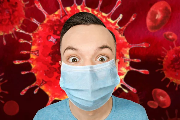 Young guy with wide eyes, Unhappy, wearing a protective face mask prevent virus infection.