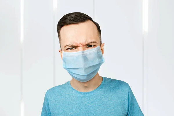 Unhappy Sad Person Wearing Protective Face Mask Prevent Virus Infection — Stock Photo, Image