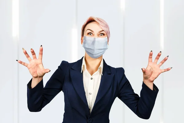 business angry girl cry wearing protective face mask prevent virus infection, pollution.