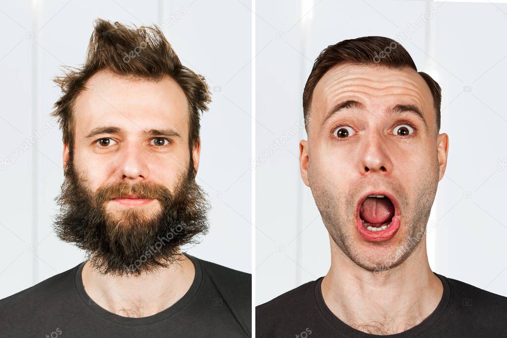 guy with beard and without hair loss. Man before and after shave or transplant. haircut set transformation