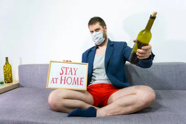 Young Guy Freelancer Relaxing Home Drink Wine Cozy Time Home — Stock Photo, Image