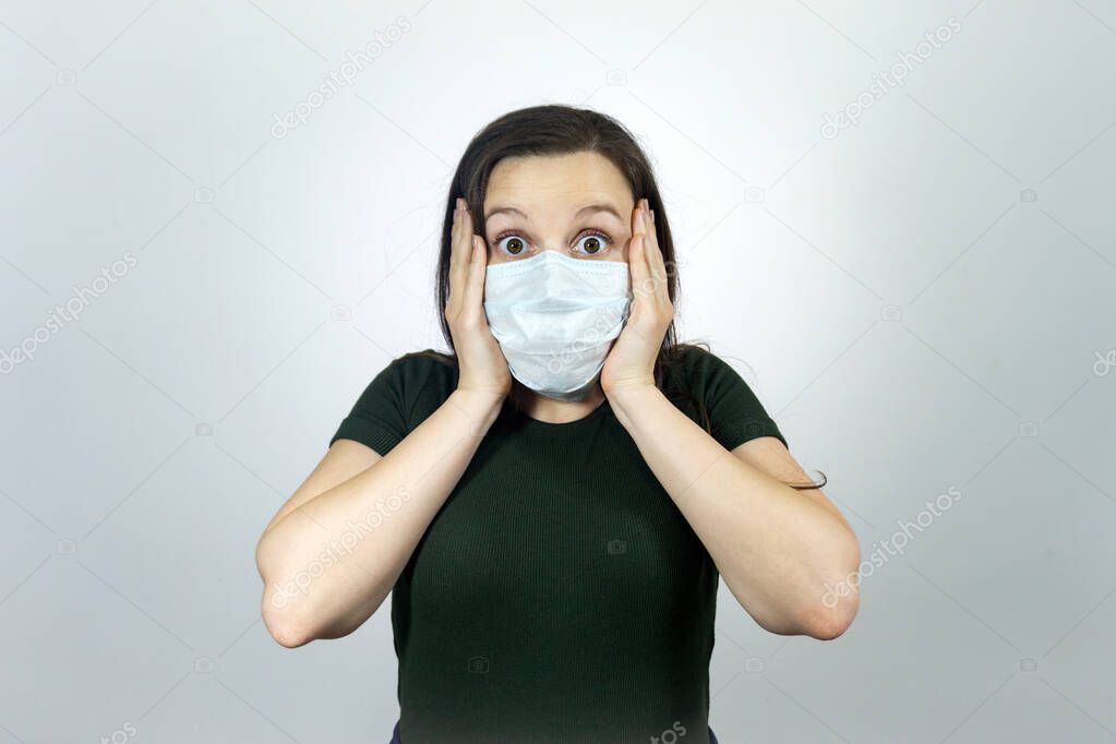 worried and fearful woman in medical mask - social distancing from corona virus covid-19 , surprised, amazed and cry.