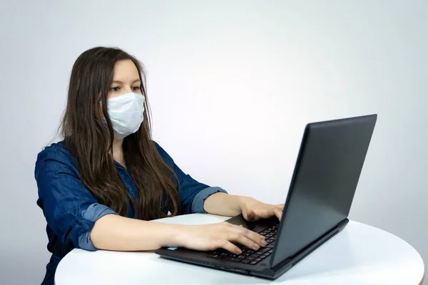 Woman Working Home Medical Mask Face Coronavirus Quarantine Remote Home Stock Picture