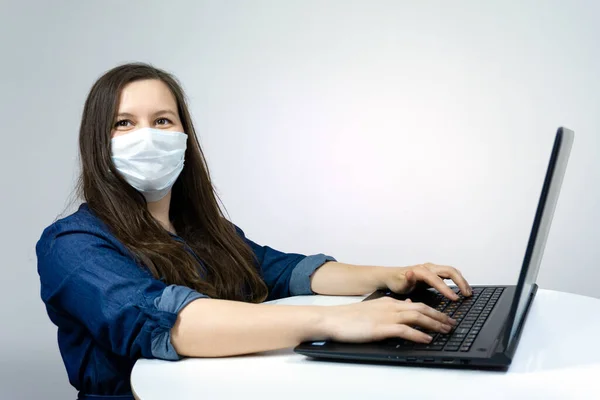 Woman Working Home Medical Mask Face Coronavirus Quarantine Remote Home Royalty Free Stock Images