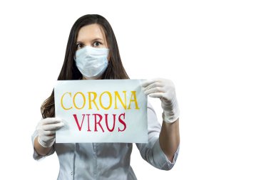 Covid19, koronavirüs, kadın doktor mesaj göster, virüsü kapmamak için tıbbi maske tak, beyaz önlük.