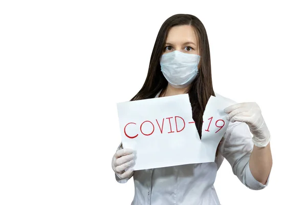 Woman Doctor Tear Sheet Virus Covid Message Coronavirus Quarantine Fight — Stock Photo, Image