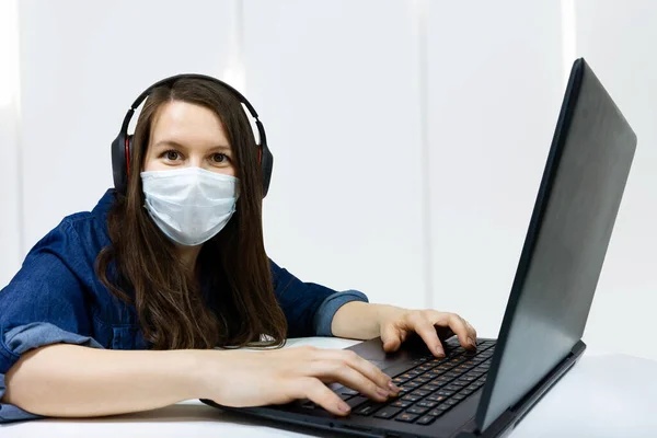 Woman Working Home Medical Mask Face Coronavirus Quarantine Remote Home Stock Photo