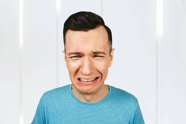 Jonge Huilende Man Met Open Mond Gekleed Een Blauw Shirt — Stockfoto