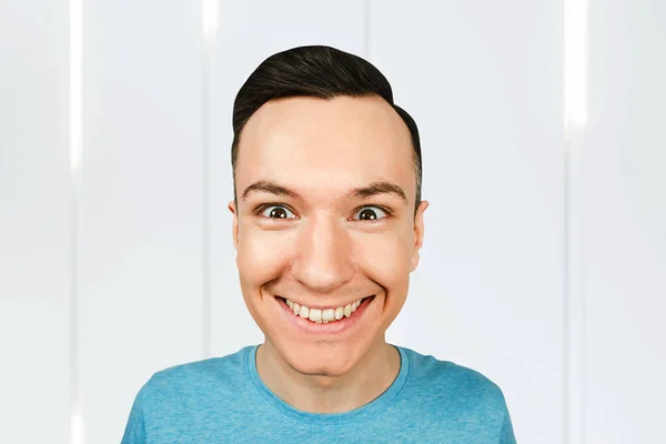 Close Portrait Young Happy Smiling Guy Dressed Blue Shirt Joyful — Stock Photo, Image