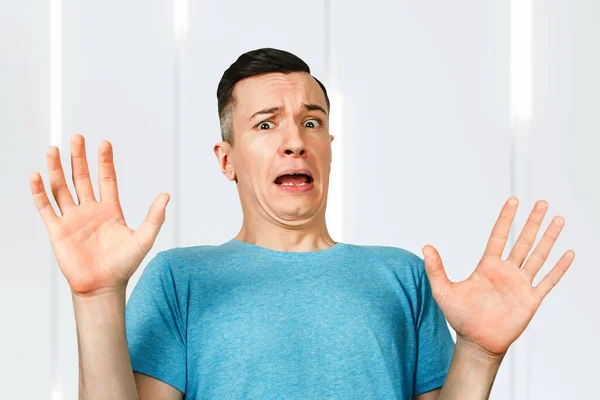 Young Guy Blue Shirt Refuse Show Gesture His Hands Palms — Stock Photo, Image