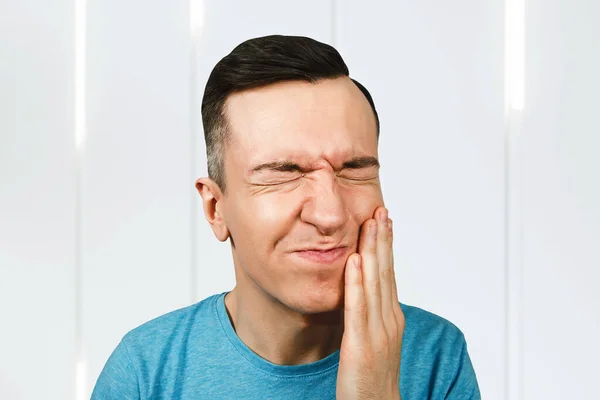 Young Guy Tooth Problem Dressed Blue Shirt — Stock Photo, Image