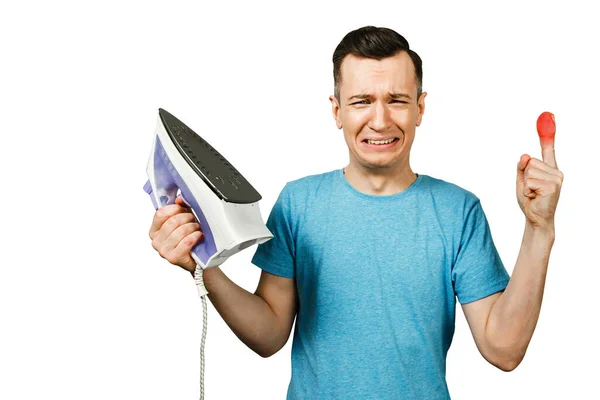 Young Guy Get Burnt Fear Keeps Smoothing Iron Checks Temperature — Stock Photo, Image
