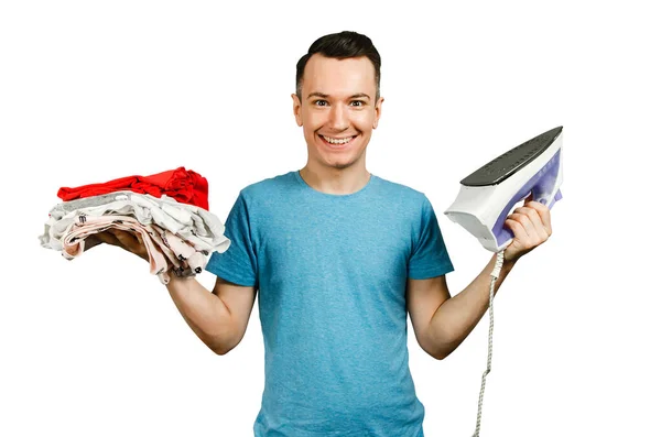 Perplexed Young Guy Holds Smoothing Iron Light Gray Background — Stock Photo, Image