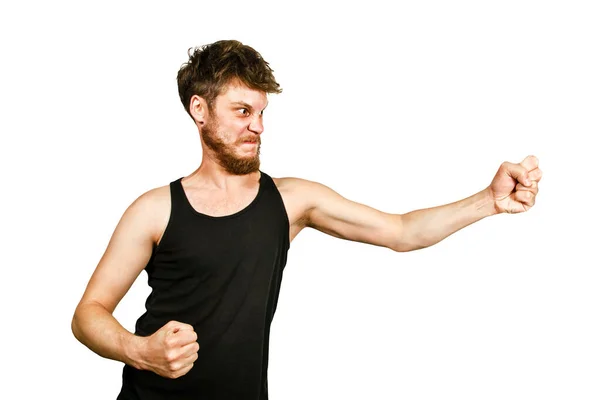 Komik Sakallı Genç Adam Yumruğunu Çırpıyor Beyaz Arkaplanda Izole — Stok fotoğraf