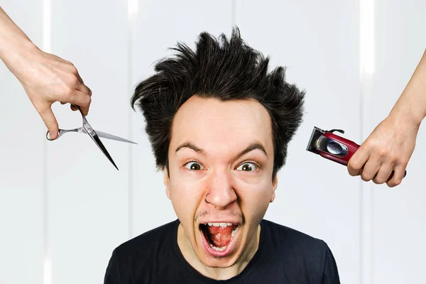 Long Hair Freak Crazy Man Hold Scissors Trimmer Guy Want — Stock Photo, Image