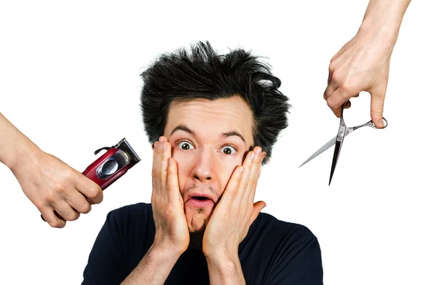 Long Hair Freak Crazy Man Hold Scissors Trimmer Guy Want — Stock Photo, Image