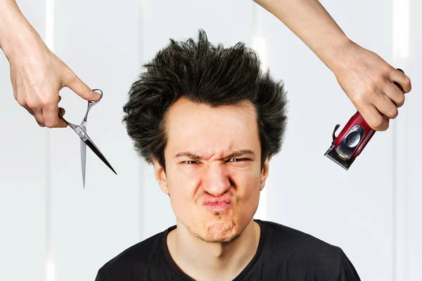 Long Hair Freak Crazy Man Hold Scissors Trimmer Guy Want — Stock Photo, Image