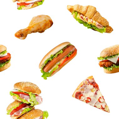 Hamburger, sosisli sandviç, tavuk budu ve pizza desenli arka plan tasarımı. Fast food, beyaz arka planda izole edilmiş..